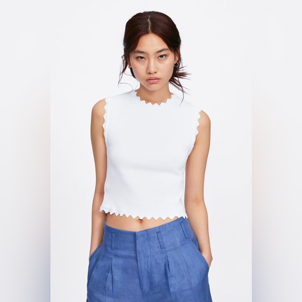 Zara Scalloped Trim Sleeveless Knit Tank | Cream | Size S
